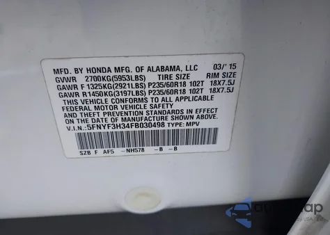 2015 Honda Pilot Se из США, поврежденный, VIN 5FNYF3H34FB030498